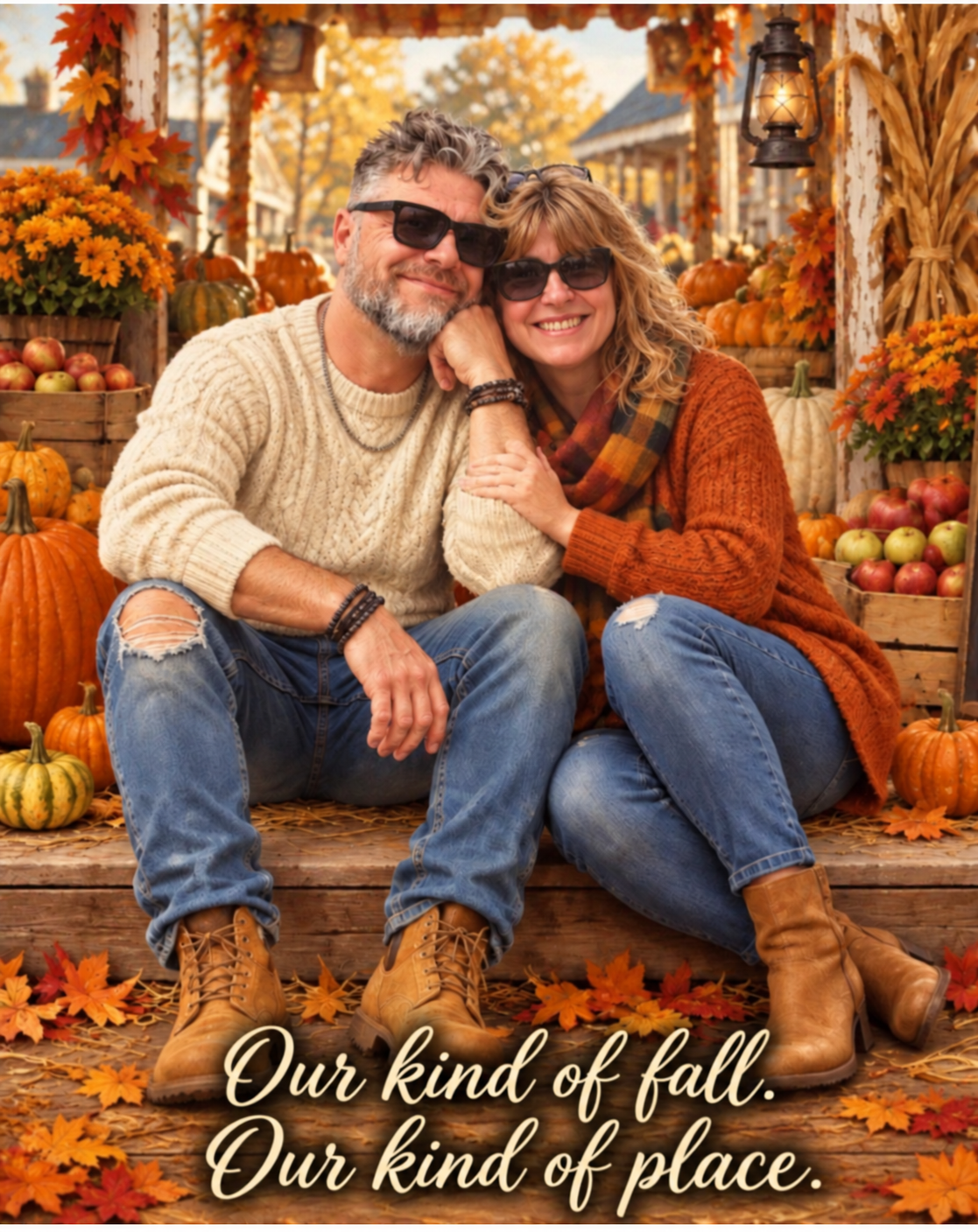 An autumn portrait of Zsolt and Rebecca, with the words Our kind of fall. Our kind of place.